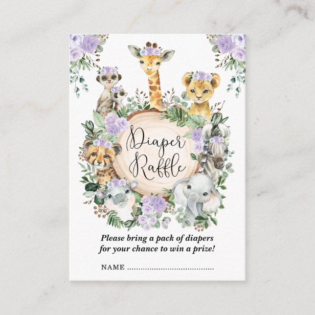 Purple Floral Safari Jungle Baby Diaper Raffle Enclosure Card (Front)