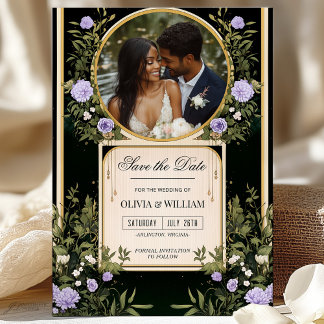 Purple Floral Save the Date with Photo Invitation