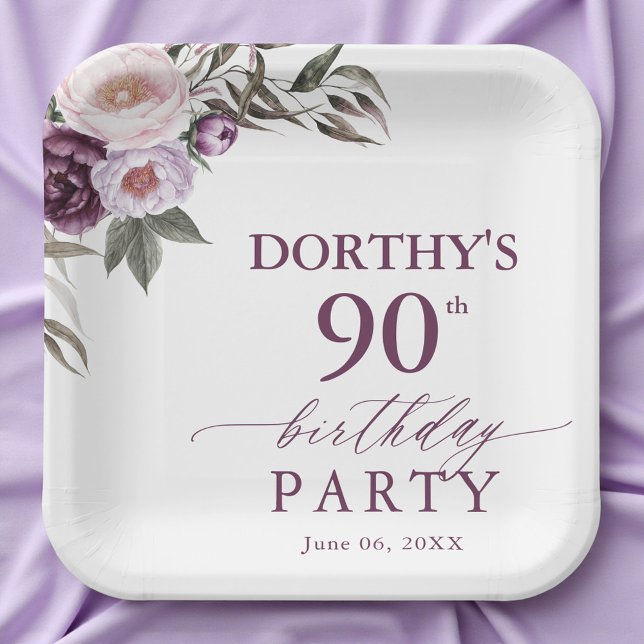 Purple Floral Script 90th Birthday  Paper Plate (Creator Uploaded)