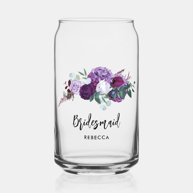 Purple Floral Script Bridesmaid Keepsake Can Glass (Front)