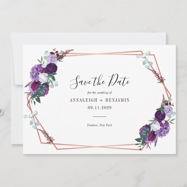 Purple Floral Script Geometric Modern Wedding Save The Date (Front)