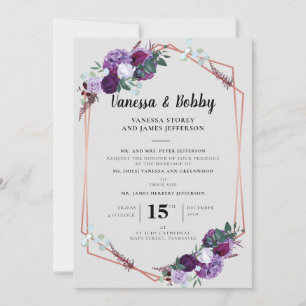Purple Floral Script Geometric Wedding Invitation