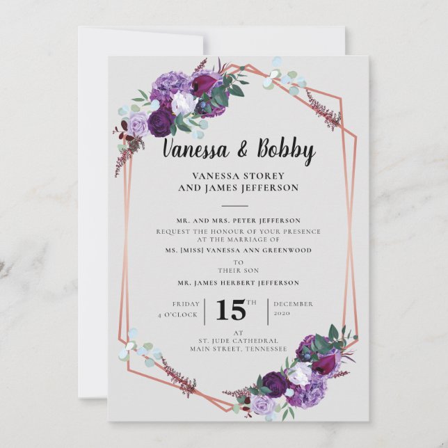 Purple Floral Script Geometric Wedding Invitation (Front)