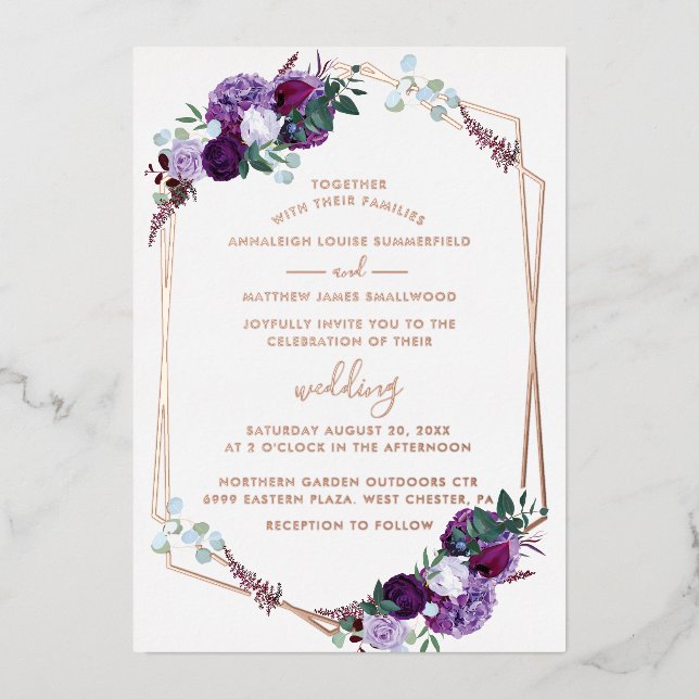 Purple Floral Script Geometric Wedding Rose Gold (Front)