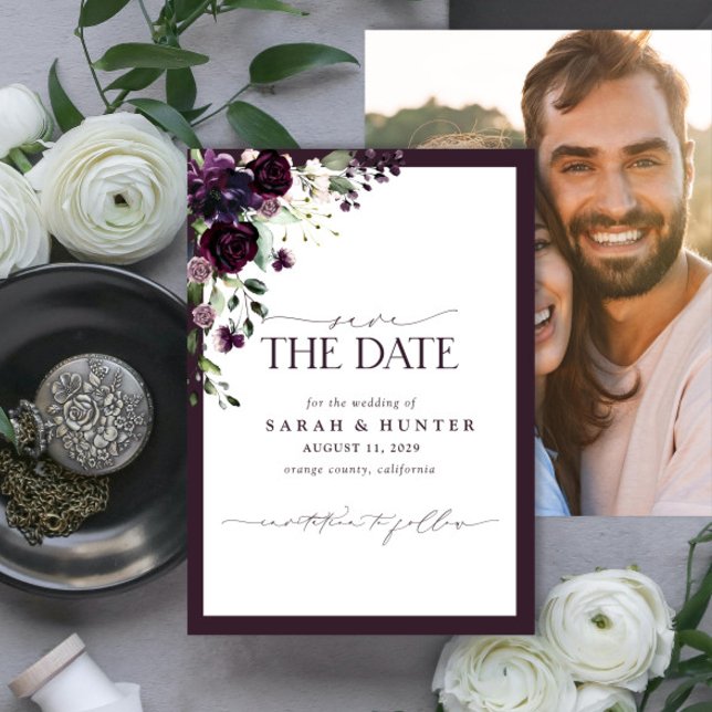 Purple Floral Script Photo Wedding Save The Date (Creator Uploaded)