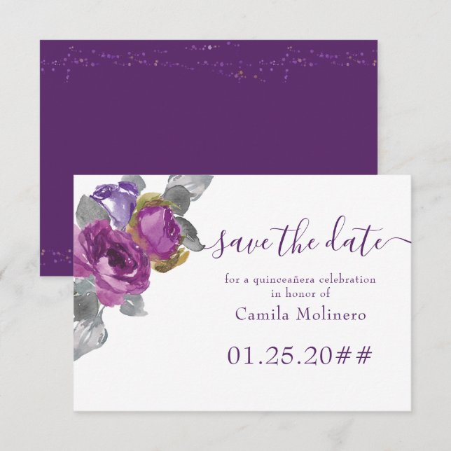 Purple Floral Script Quinceanera Save The Date (Front/Back)