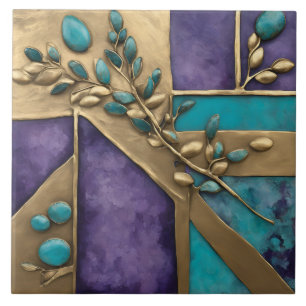 Purple Floral Sculpted Botanical Art on Turquoise Ceramic Tile