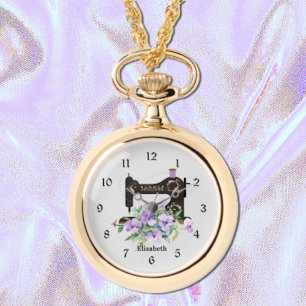 Purple Floral Sewing Machine Necklace Watch 