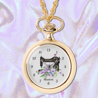 Purple Floral Sewing Machine Necklace Watch
