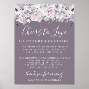 Purple Floral Signature Cocktails Wedding Bar Sign