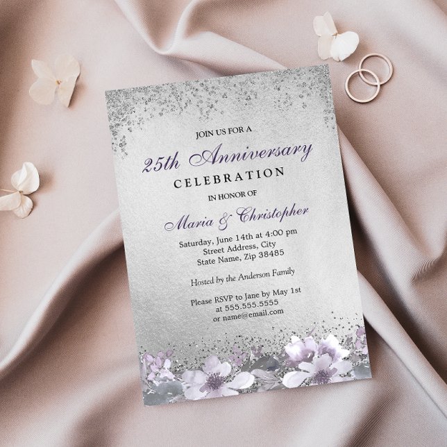 Purple Floral Silver 25th Wedding Anniversary Invitation (Creator Uploaded)