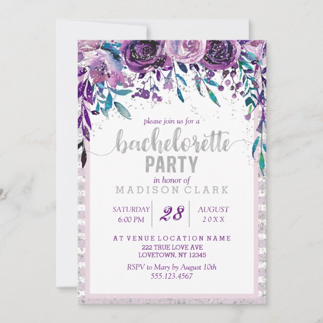 Purple Floral Silver Bachelorette Party Invitation (Front)