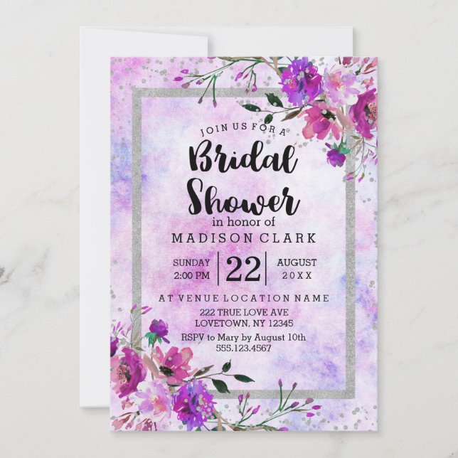 Purple Floral & Silver Bridal Shower Invitation (Front)