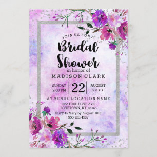 Purple Floral & Silver Bridal Shower Invitation