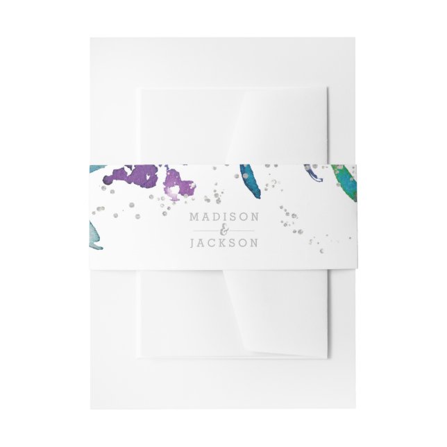 Purple Floral & Silver Confetti Wedding Invitation Invitation Belly Band (Front Example)