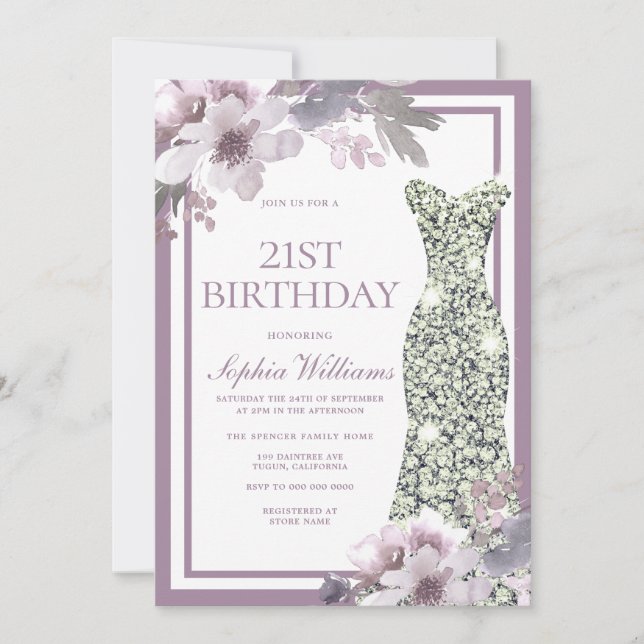 Purple Floral Silver Diamond Dress 21st Birthday Invitation (Front)