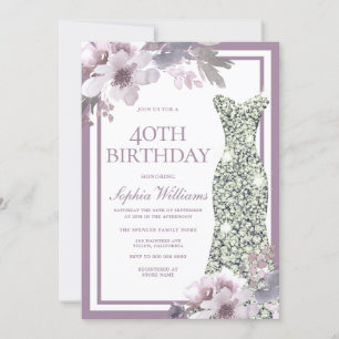 Purple Floral Silver Diamond Dress 40th Birthday Invitation