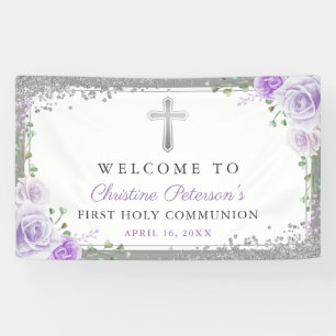 Purple Floral Silver First Holy Communion Welcome Banner