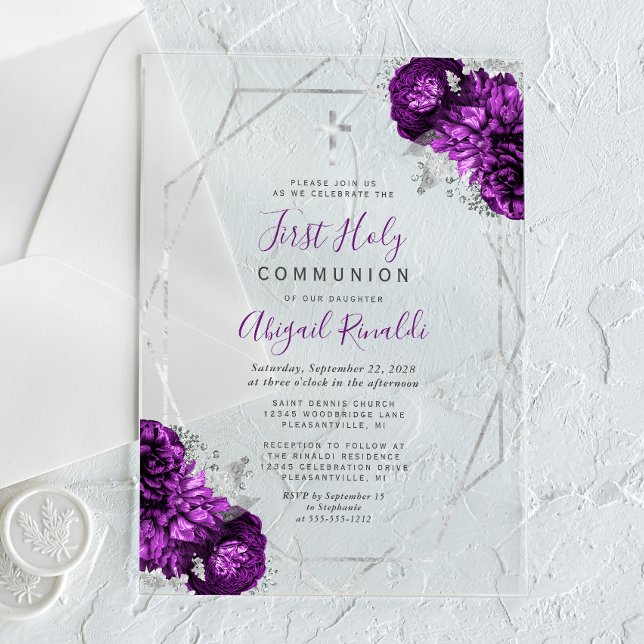 Purple Floral Silver Frame First Holy Communion Acrylic Invitations (Creator Uploaded)