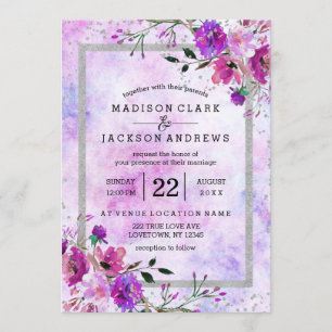 Purple Floral & Silver Frame Wedding Invitations