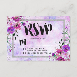 Purple Floral & Silver Frame Wedding RSVP Response