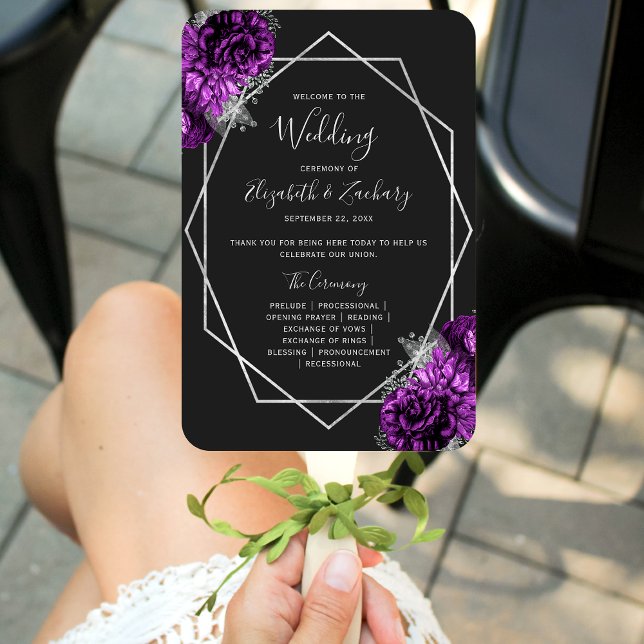 Purple Floral Silver Geo Black Wedding Program Hand Fan (Creator Uploaded)