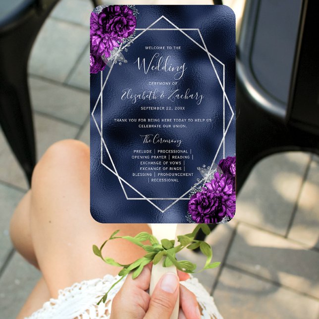 Purple Floral Silver Geo Navy Foil Wedding Program Hand Fan (Creator Uploaded)