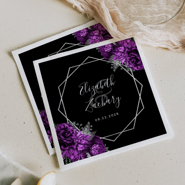 Purple Floral Silver Geometric Black Wedding Napkin (Creator Uploaded)