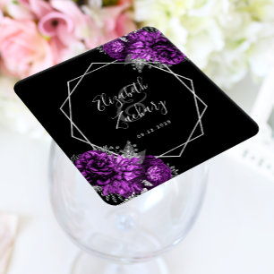 Purple Floral Silver Geometric Black Wedding Square Paper Coaster