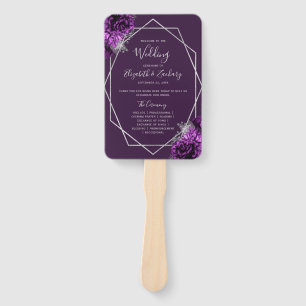 Purple Floral Silver Geometric Wedding Program Hand Fan