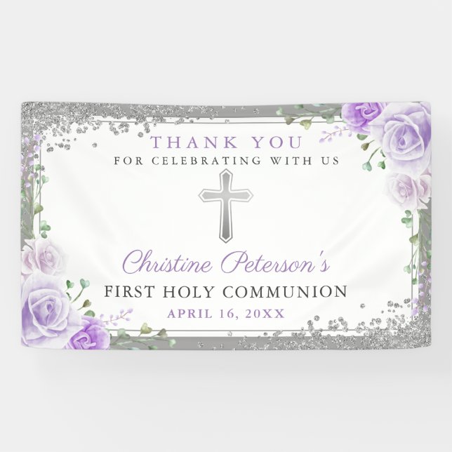 Purple Floral Silver Glitter First Holy Communion Banner (Horizontal)