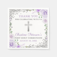 Purple Floral Silver Glitter First Holy Communion