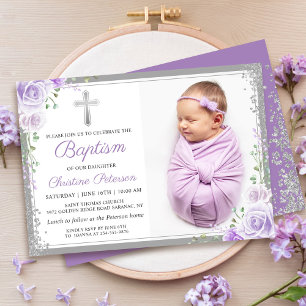 Purple Floral Silver Glitter Girl Baptism Photo Invitation