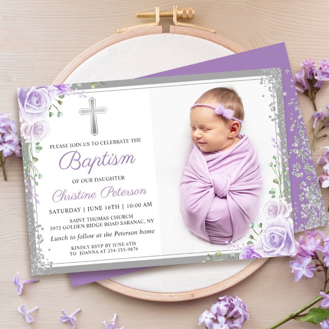 Purple Floral Silver Glitter Girl Baptism Photo Invitation (Creator Uploaded)