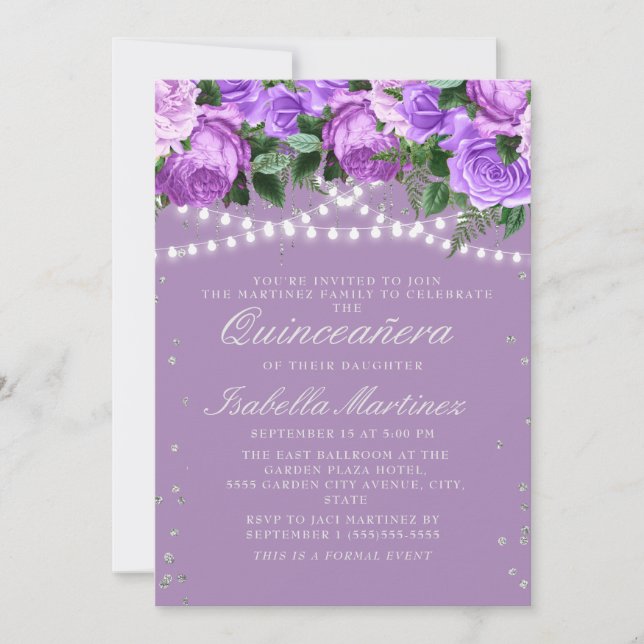 Purple Floral Silver Glitter Quinceañera Invitation (Front)