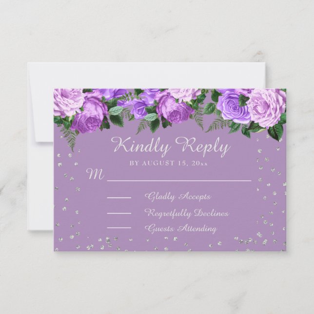Purple Floral Silver Glitter Quinceañera RSVP Card (Front)