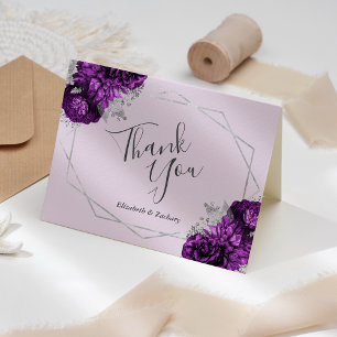 Purple Floral Silver Lilac Geometric Wedding Thank You Card