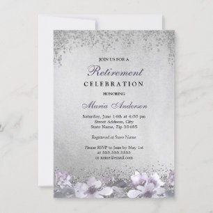 Purple Floral Silver Shimmer Retirement Party Invitation