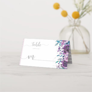 Purple Floral & Silver Stripes Name Table Number Place Card