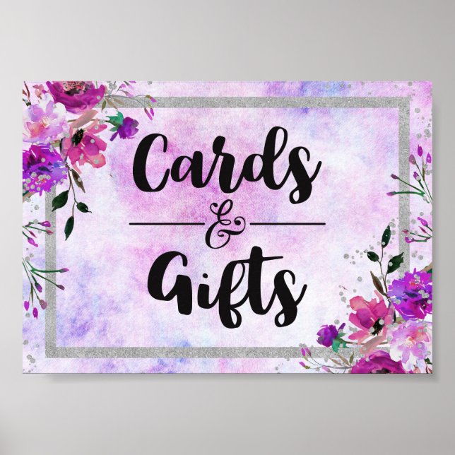 Purple Floral & Silver Wedding Cards & Gifts Poster (Front)