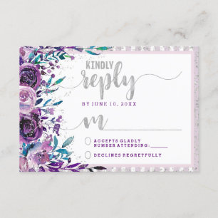 Purple Floral & Silver Wedding Reply RSVP