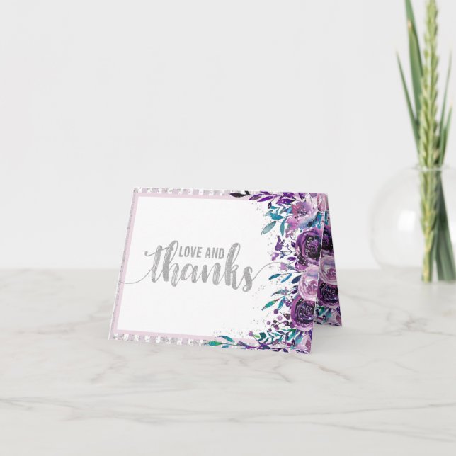 Purple Floral & Silver Wedding Thank You Card (Front)