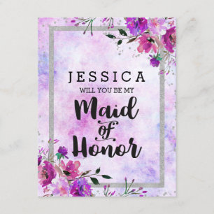 Purple Floral Silver Will You Be My Maid of Honour Invitation