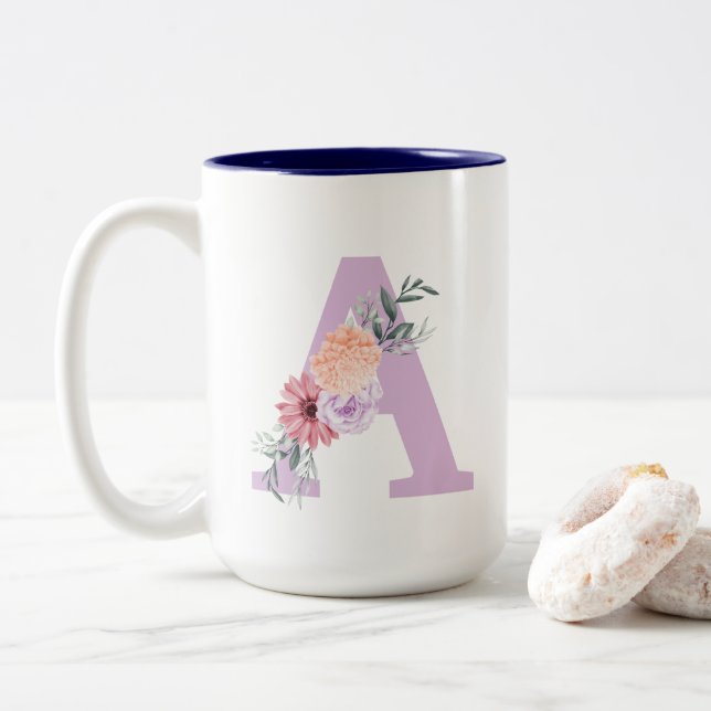 Purple Floral Simple Minimal Monogram Coffee Mug  (With Donut)