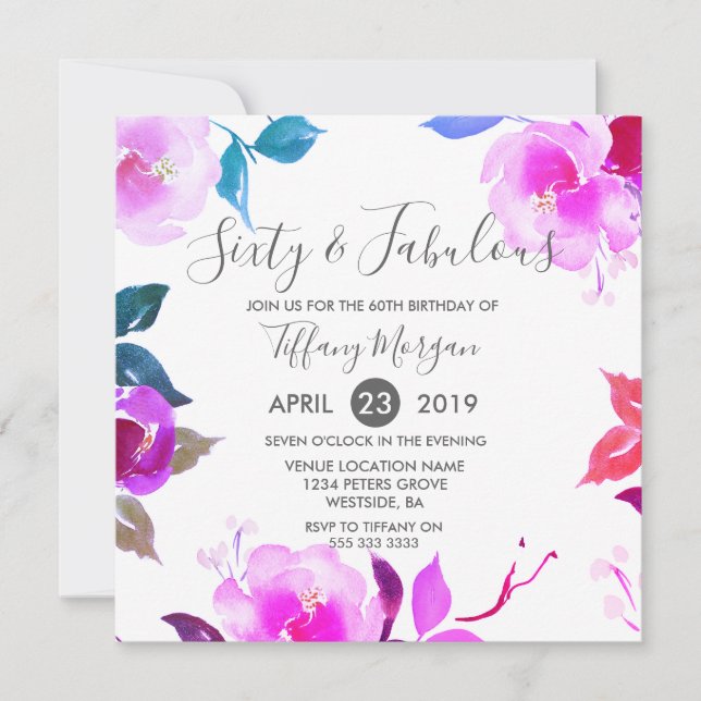 Purple Floral Sixty & Fabulous 60th Birthday Party Invitation (Front)