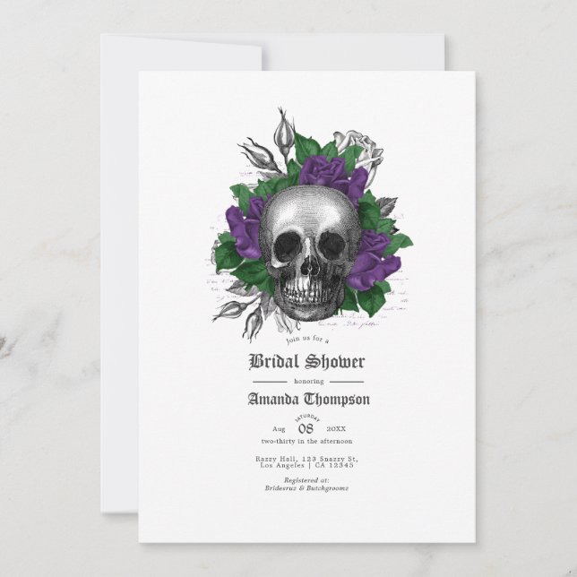 Purple Floral Skull Gothic Bridal Shower Invitation (Front)