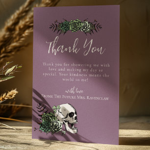 Purple Floral Skull Roses Gothic Bridal Shower Thank You Card