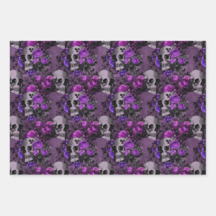 Purple Floral Skulls Wrapping Paper Sheet