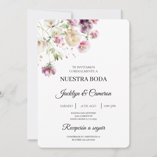 Purple Floral Spanish Wedding Invitation (Front)