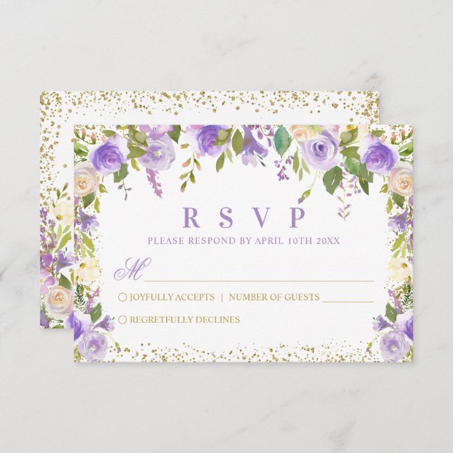 Purple Floral Sparkle Gold Glitter RSVP Card (Front/Back)